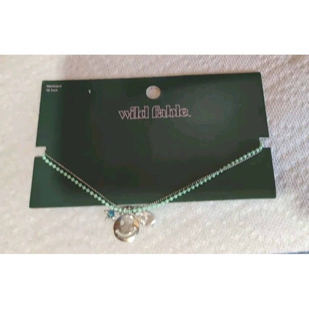 Wild Fable Mint Green & Silver Dual Chain 16" Necklace Smiley Face & Stone Charm